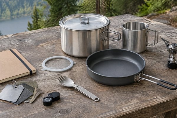 A stainless steel camping cookware set being prepared beside a backpacking stove on an outdoor camp table.