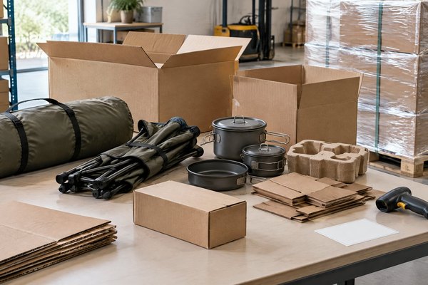 A neatly organised export packing station with camping tents, chairs, cartons and pallet-ready protective materials.