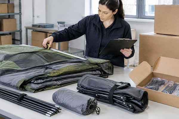 An independent quality inspector checks a packed camping tent, folding chair, and cartons against an inspection checklist before shipment.
