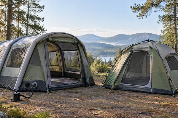 An inflatable camping tent and a pole tent pitched side by side at a quiet outdoor campsite.