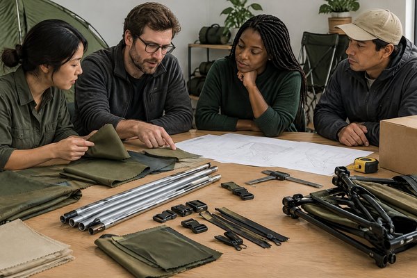 An outdoor brand buyer reviews camping-gear material swatches, a tent specification sheet, and packaging samples at a worktable.