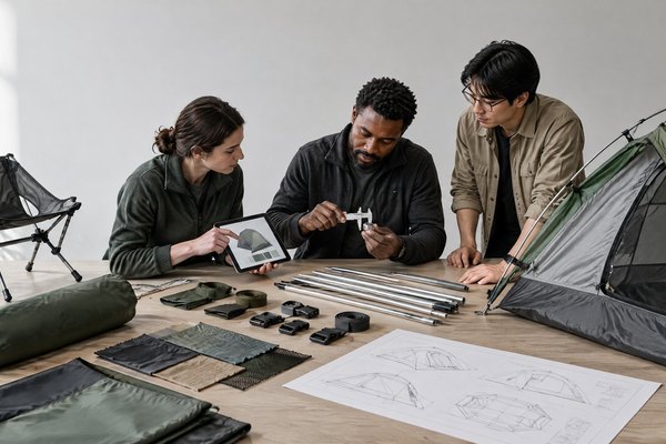A product-development team reviews tent components, samples and technical drawings on a worktable before a camping gear sourcing decision.