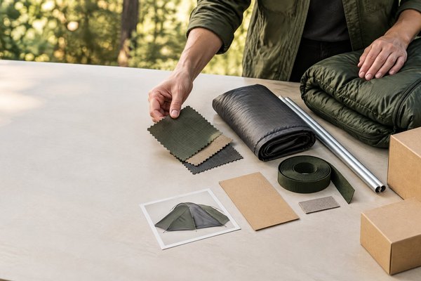 A camping-gear buyer reviews unlabeled tent, bag, and packaging samples on a worktable before a private-label order.