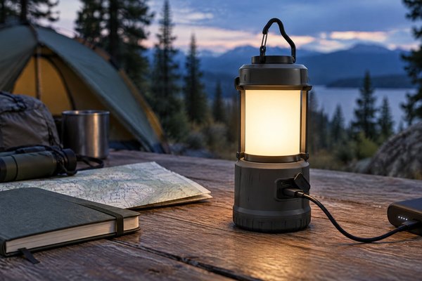 A rugged rechargeable camping lantern charging beside essential outdoor gear at a dusk campsite.
