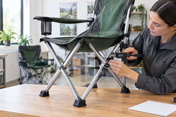 A buyer examines the frame joint, textile seat, and folding mechanism of an unbranded camping chair during a quality review.