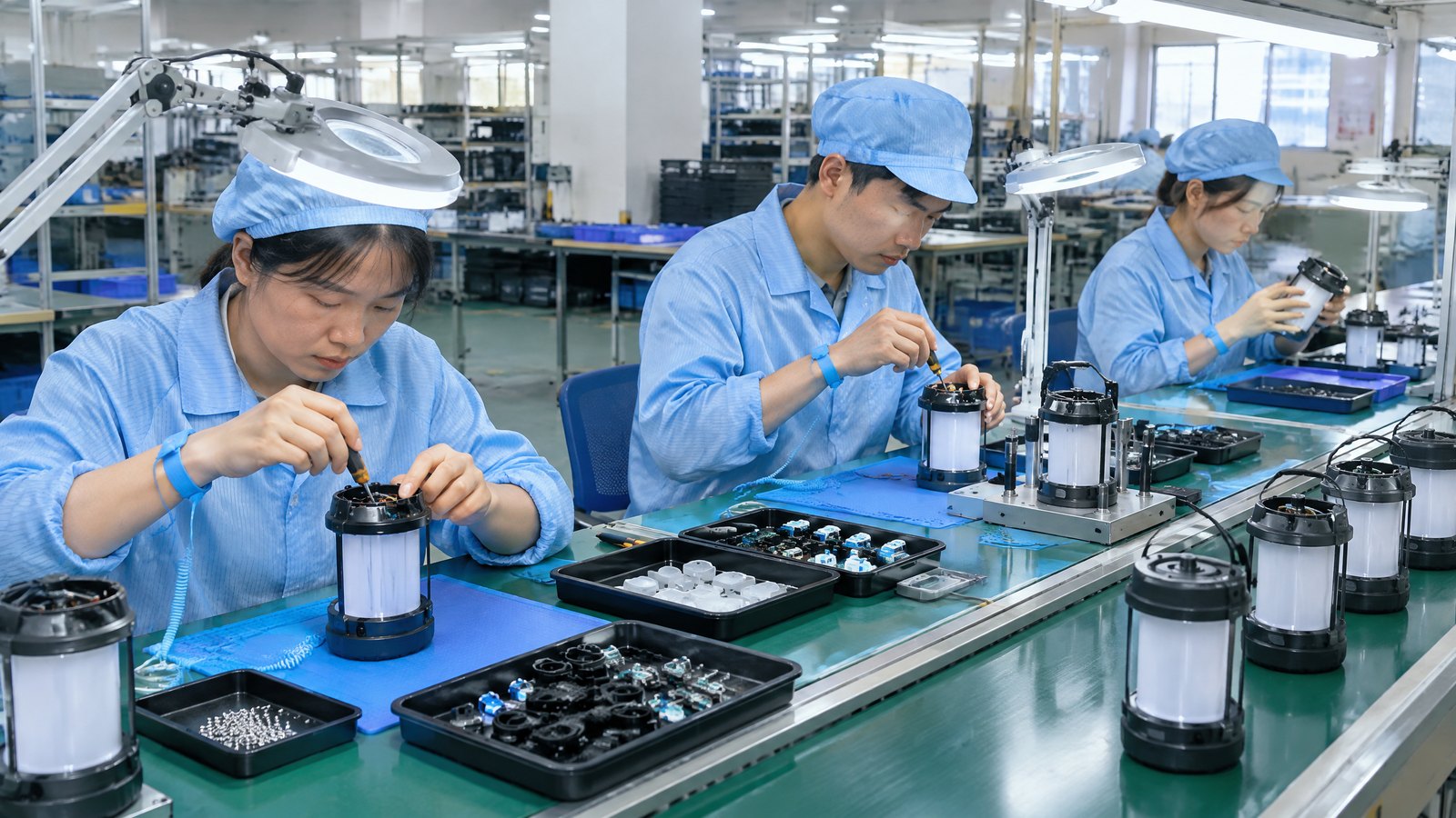 Chinese assembly workers building rechargeable camping lanterns on an electronics production line