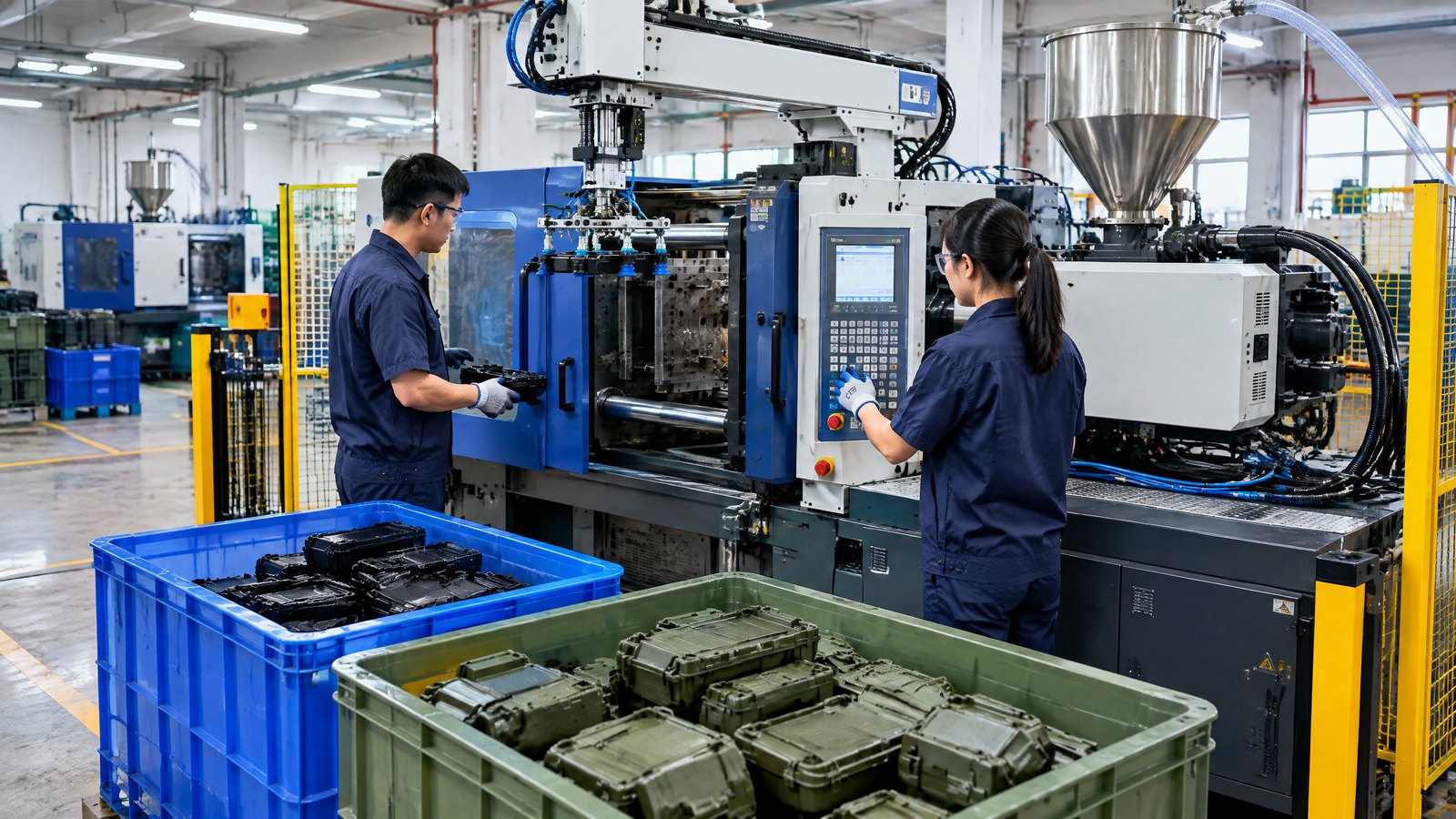 Chinese factory workers operating an injection molding machine for outdoor equipment parts