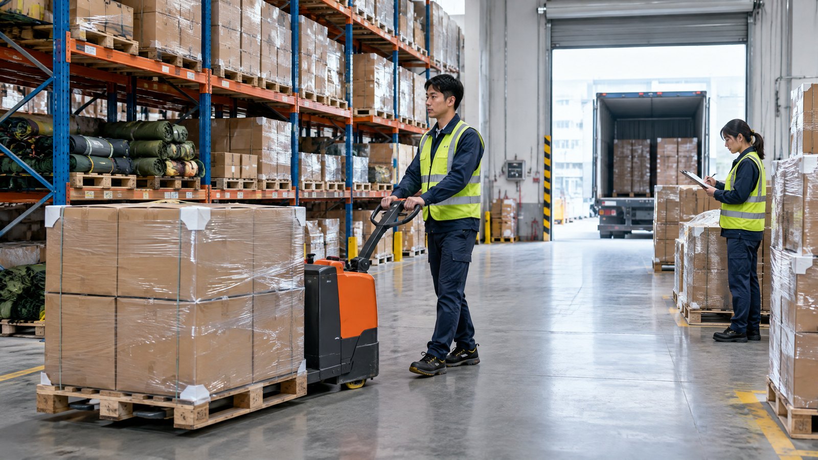 Chinese warehouse workers preparing unbranded camping equipment cartons for shipment