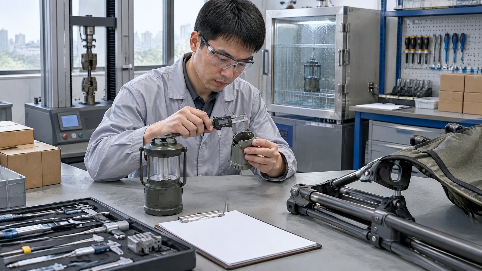Chinese quality engineer measuring outdoor equipment components in a factory test room
